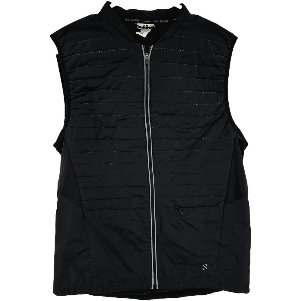 H&M Sport Running Vest Puffer Jacket Zip Up Reflective Trim Pocket Black Medium